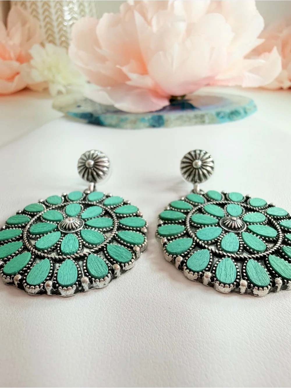 Teal Floral Medallion Drop Earrings - Women Jewelry